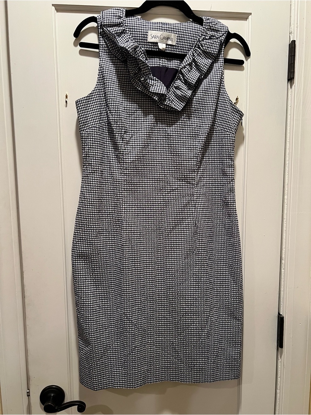 Sara Campbell Black & White Gingham Ruffle-Collar Sheath Dress